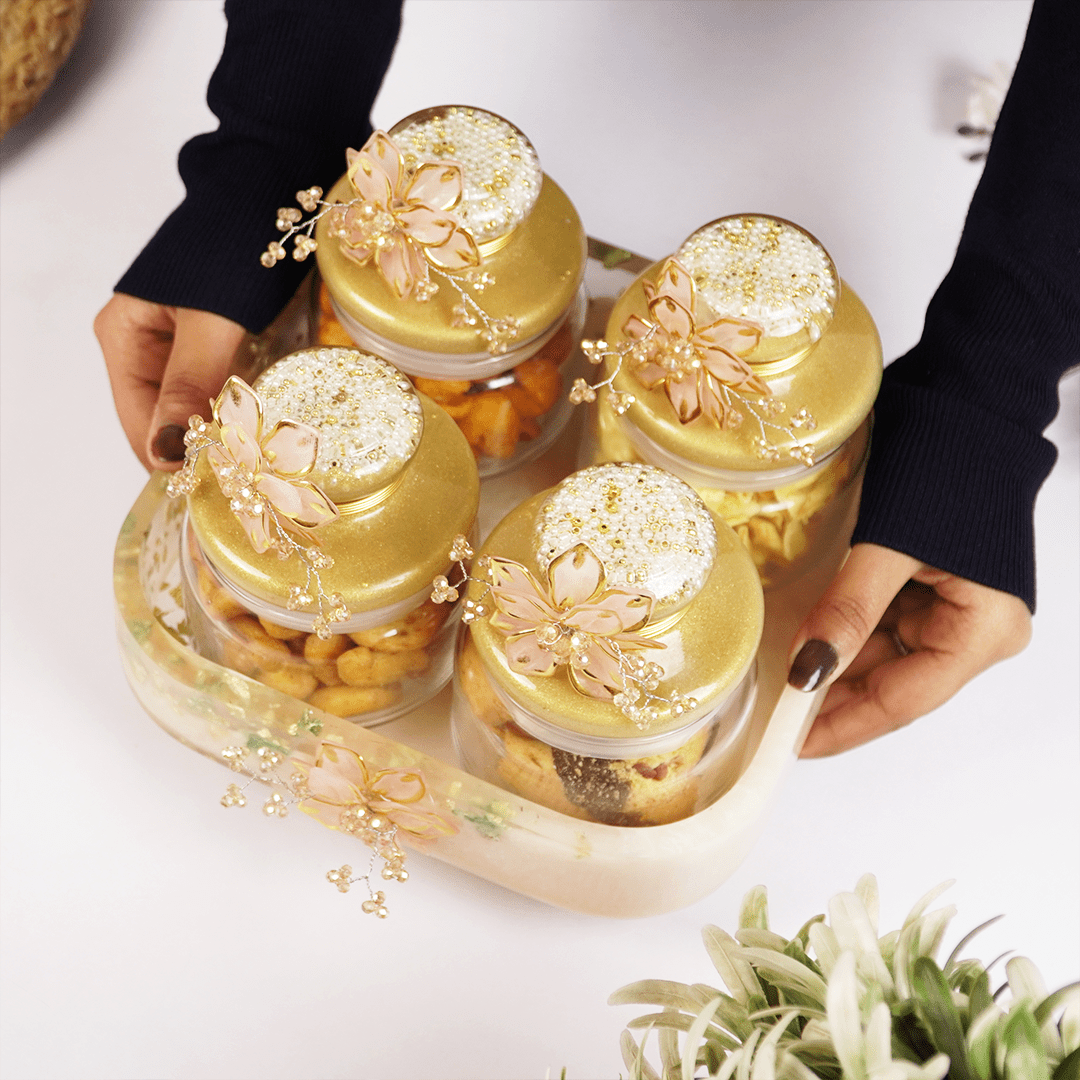 Set-4 Luxury Decorative Storage Jars Set with Pearl & Floral Lid - Memories InsiteLUXURY DECORATIVE STORAGES JAR SET